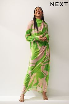 Green/Pink Swirl Print Long Sleeve Scarf Neck Midi Dress (Q86651) | AED320