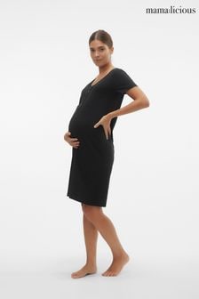 Mamalicious Black Maternity Button 100% Cotton Front Comfort Night Dress With Nursing Function (Q86661) | $41