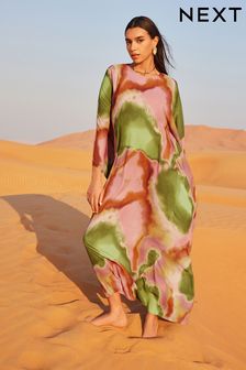 طبعة متعددة الألوان - فستان متوسط الطول نمط قفطان شفاف بكم طويل (Q86675) | 34 ر.ع