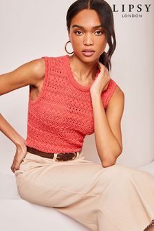 Lipsy Coral Pink Crochet Knitted Sleeveless Vest Top (Q86750) | $39