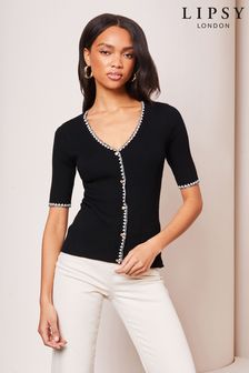 Lipsy Black Short Sleeve Tipped Knit Button Through Top (Q86753) | KRW75,700