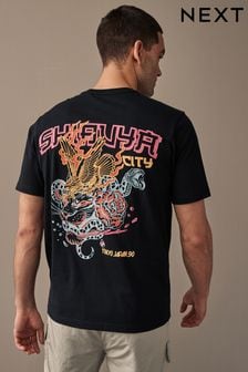 Black Relaxed Fit Dragon Back Print Graphic T-Shirt (Q86987) | SGD 32