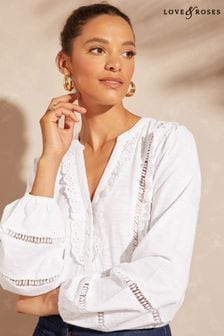 Love & Roses Ivory White Broderie Trim Lace insert V Neck Jersey Top (Q87447) | NT$1,590