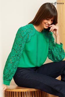 Love & Roses Jade Green Green Tie Back Long Sleeve Lace Blouse (Q87448) | €57