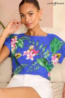 Love & Roses Blue Tropical Print Crew Neck Woven Trim Linen Look Jersey T-Shirt (Q87453) | SGD 50