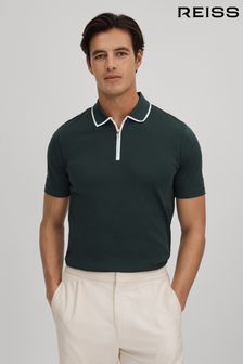 Reiss Dark Green Cannes Cotton Contrast Collar Half-Zip Polo Shirt (Q87456) | kr1,239