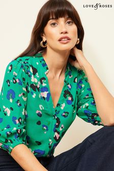 Love & Roses Green Petite Embroidered V Neck 3/4 Sleeve Blouse (Q87475) | €52
