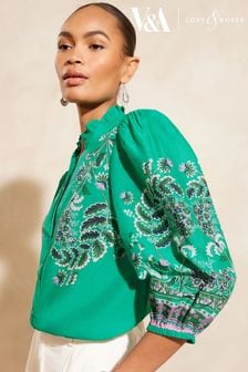 V&A | Love & Roses Green Paisley Ruffle V Neck Button Through Blouse (Q87507) | AED211
