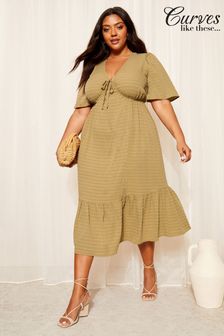 Curves Like These Textured Flutter Sleeve Midi Dress (Q87772) | ￥7,930