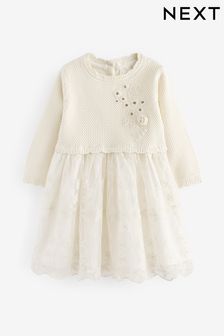 Ecru 2-in-1 Occasion Long Sleeve Knitted Jumper Dress (3mths-10yrs) (Q87945) | ￥5,640 - ￥6,410