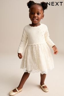 Ecru 2-in-1 Occasion Long Sleeve Knitted Jumper Dress (3mths-10yrs) (Q87945) | $50 - $57