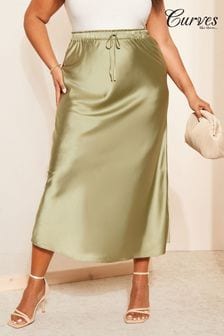 Curves Like These Khaki Green Satin Tie Front Maxi Skirt (Q88016) | AED200