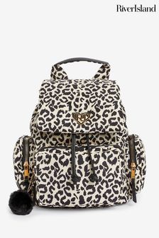 River Island Brown Girls Beige Nylon Leopard Utility Backpack (Q88356) | €19