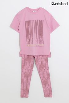 River Island Pink Girls New York Graphic T-Shirt Set (Q88385) | €21