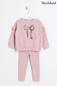 River Island Pink Girls Sequin Bow Sweat Top & Joggers Set (Q88388) | 109 QAR