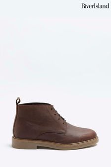 River Island Brown Wide Fit Leather Lace-Up Chukka Boots (Q88444) | $82