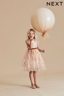 Pink Floral Mesh Tie Back Party Dress (3-16yrs) (Q88459) | OMR13 - OMR16