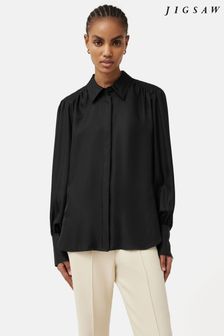 Czarna koszula Jigsaw z ozdobnymi przeszyciami, z jedwabiu o diagonalnym splocie (Q88493) | 520 zł