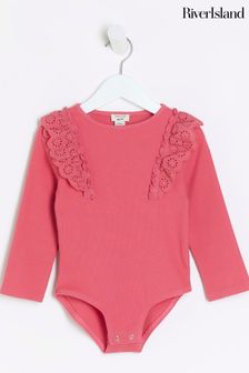 River Island Pink Girls Long Sleeve Broderie Frill Bodies (Q88503) | $17