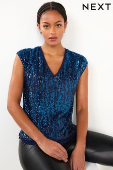 Blue Short Sleeve V-Neck Sequin Top (Q88551) | $54