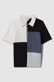 Reiss Blue Delta Teen Colourblock Half-Zip Polo Shirt (Q88569) | $112