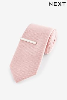Light Pink Slim Textured Tie And Clip Set (Q88736) | €18
