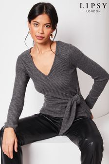 Lipsy Charcoal Grey Cosy Rib V Neck Long Sleeve Tie Front Top (Q88744) | 1,211 UAH