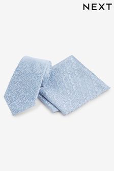 Light Blue Jacquard Leaf Tie And Pocket Square Set (Q88773) | €24
