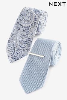 Blue/Light Blue - Paisley Textured Tie And Clips 2 Pack (Q88785) | kr330