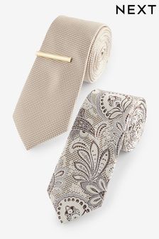 Neutral Brown Paisley Textured Tie And Clips 2 Pack (Q88789) | 28 €