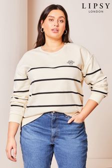 Lipsy Cream Curve Logo Stripe Crew Neck Sweatshirt (Q88797) | $54