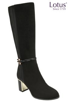 Lotus Black Heeled Knee High Boots (Q88800) | AED416