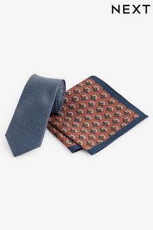 Blue/Rust Brown Slim Tie And Geometric Pocket Square Set (Q88823) | €24