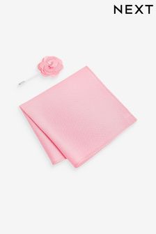 Koralowo-różowy - Textured Silk Lapel Pin And Pocket Square Set (Q88831) | 60 zł