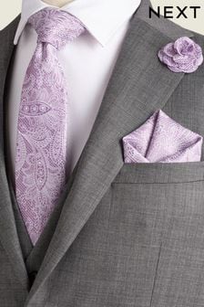 Lilac Purple Textured Paisley Tie, Pocket Square And Pin Set (Q88857) | 89 QAR