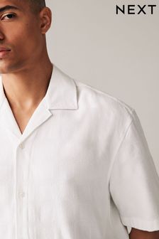 White Textured Short Sleeve Shirt with Cuban Collar (Q88870) | $45