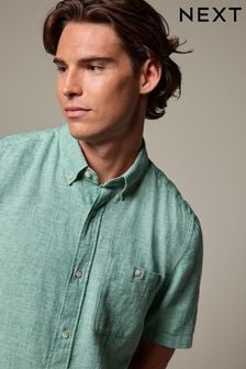 Mint Green Standard Collar Linen Blend Short Sleeve Shirt (Q88873) | $43