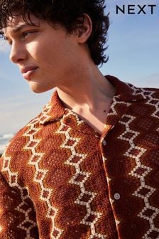 Rust Orange Stripe Crochet Short Sleeve Shirt (Q88874) | SGD 62