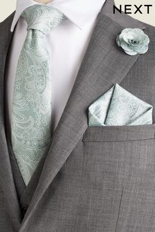 Sage Green Textured Paisley Tie, Pocket Square And Pin Set (Q88881) | €15
