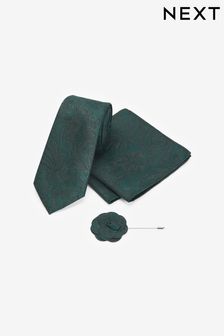 Forest Green Textured Paisley Tie, Pocket Square And Pin Set (Q88882) | kr290