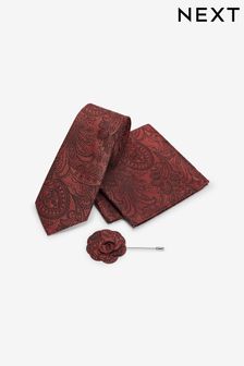 Красно-оранжевый - Фактурный галстук, платок для нагрудного кармана и заколка с узором пейсли (Q88885) | €24