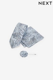 Light Blue Textured Paisley Tie, Pocket Square And Pin Set (Q88886) | €27