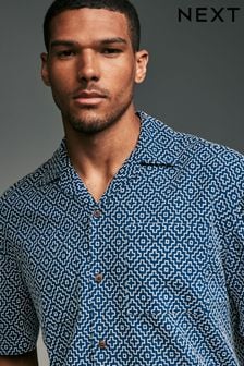 Navy/Blue/White Textured Short Sleeve Shirt with Cuban Collar (Q88955) | $69