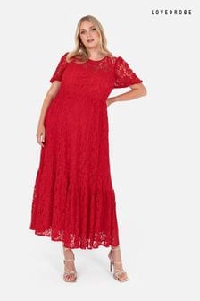 Lovedrobe שמלת מידאקסי בגוון אדום עם שרוולי פאף ופרטי תחרה (Q88990) | ‏603 ‏₪