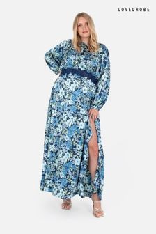 Lovedrobe Blue Floral Print Satin Maxi Dress with Lace Trim (Q89017) | €118