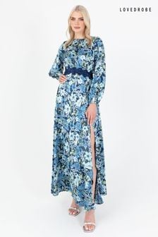 Lovedrobe Blue Floral Print Satin Maxi Dress with Lace Trim (Q89133) | €118