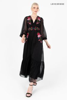 Lovedrobe Embroidered Button Front Black Maxi Dress