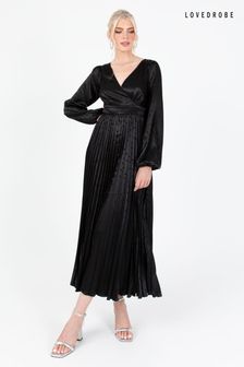 Lovedrobe Jacquard Satin Pleated Black Midaxi Dress (Q89165) | SGD 184