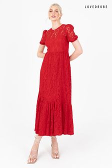 Lovedrobe Red Lace Puff Sleeve Midaxi Dress