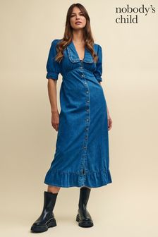 Nobodys Child Blue Denim Annalise Collared Midaxi Dress V-Neck (Q89355) | €43.50